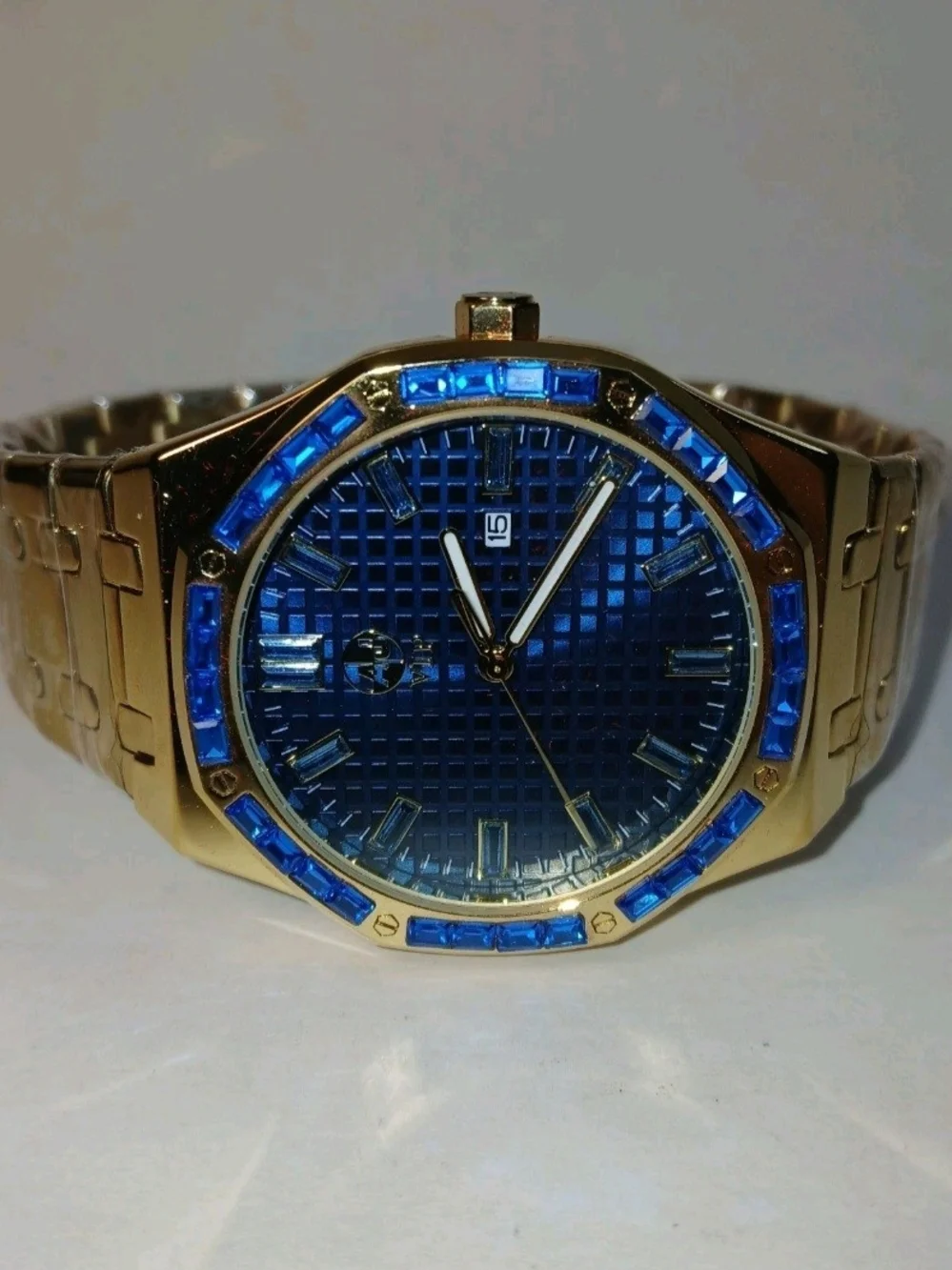 AJ VIP High Quality Mens Gold Tone Watch Blue Bezel Dial Date New With Box Tag